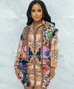 Vendor-unknown Pleun Brown Pink Multi-Color Print Buttons Drape Shirt Dress