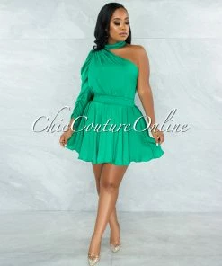 Chic Couture Online Harana Kelly Green Single Shoulder Mock Neckline Dress