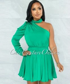 Chic Couture Online Harana Kelly Green Single Shoulder Mock Neckline Dress