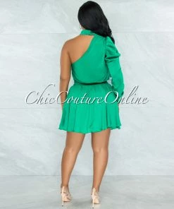 Chic Couture Online Harana Kelly Green Single Shoulder Mock Neckline Dress