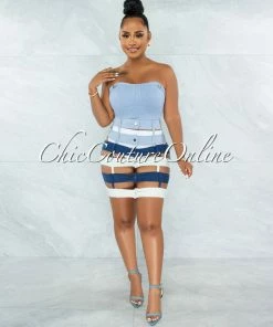 Vendor-unknown Odanda Blue White Crop Top & Denim Waistbands Skirt Set JUST IN