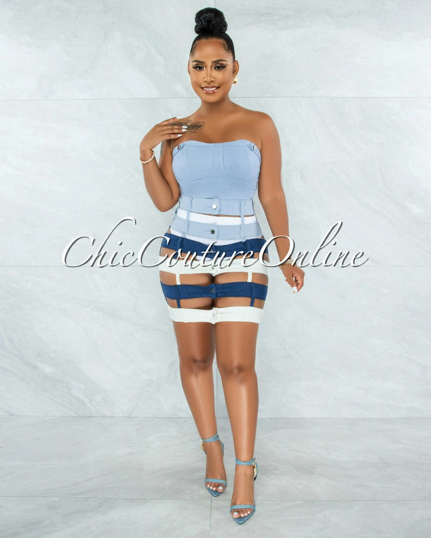 Vendor-unknown Odanda Blue White Crop Top & Denim Waistbands Skirt Set JUST IN