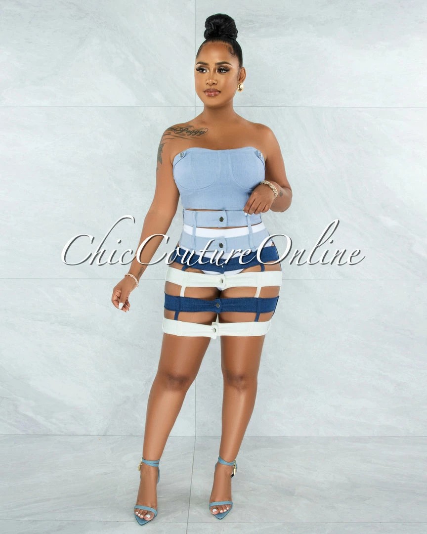 Vendor-unknown Odanda Blue White Crop Top & Denim Waistbands Skirt Set JUST IN