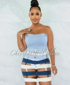 Vendor-unknown Odanda Blue White Crop Top & Denim Waistbands Skirt Set JUST IN