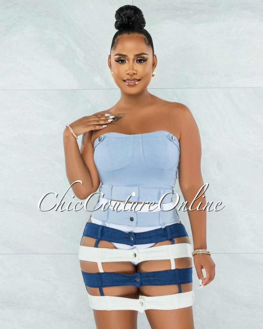 Vendor-unknown Odanda Blue White Crop Top & Denim Waistbands Skirt Set JUST IN