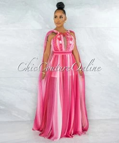 Vendor-unknown JUST IN Wandella Fuchsia Stripes Sequins Halter Maxi Dress