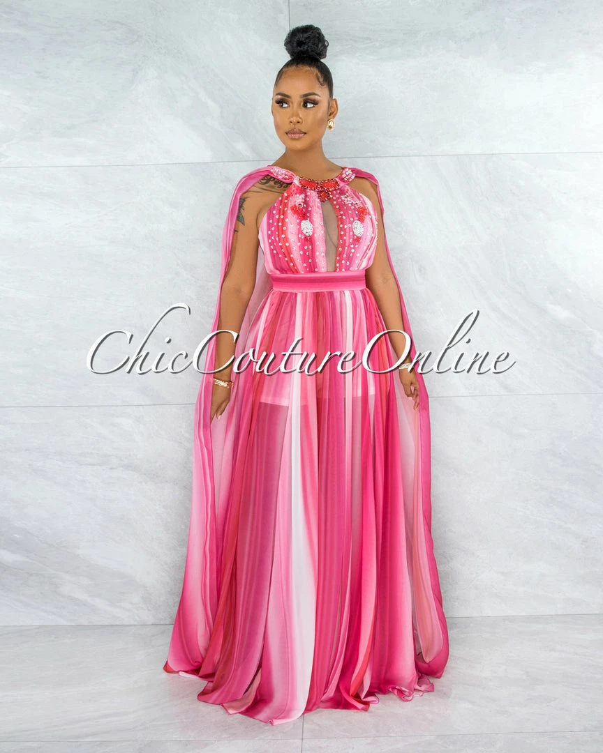 Vendor-unknown JUST IN Wandella Fuchsia Stripes Sequins Halter Maxi Dress
