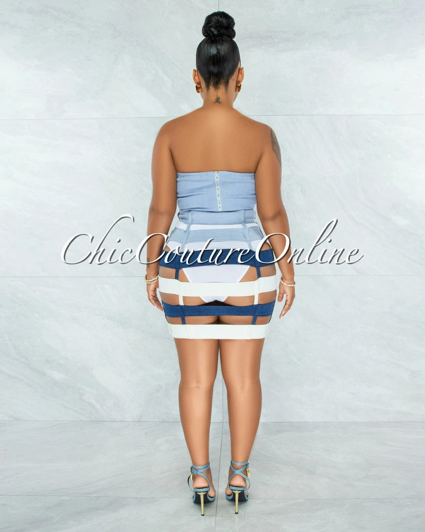 Vendor-unknown Odanda Blue White Crop Top & Denim Waistbands Skirt Set JUST IN