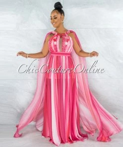 Vendor-unknown JUST IN Wandella Fuchsia Stripes Sequins Halter Maxi Dress