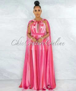 Vendor-unknown JUST IN Wandella Fuchsia Stripes Sequins Halter Maxi Dress