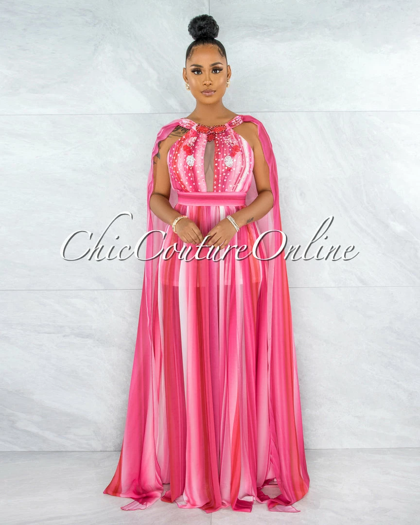 Vendor-unknown JUST IN Wandella Fuchsia Stripes Sequins Halter Maxi Dress