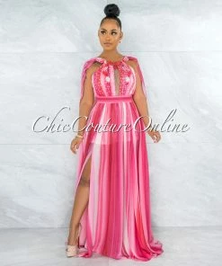 Vendor-unknown JUST IN Wandella Fuchsia Stripes Sequins Halter Maxi Dress