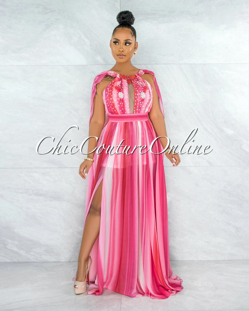 Vendor-unknown JUST IN Wandella Fuchsia Stripes Sequins Halter Maxi Dress