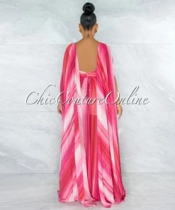 Vendor-unknown JUST IN Wandella Fuchsia Stripes Sequins Halter Maxi Dress