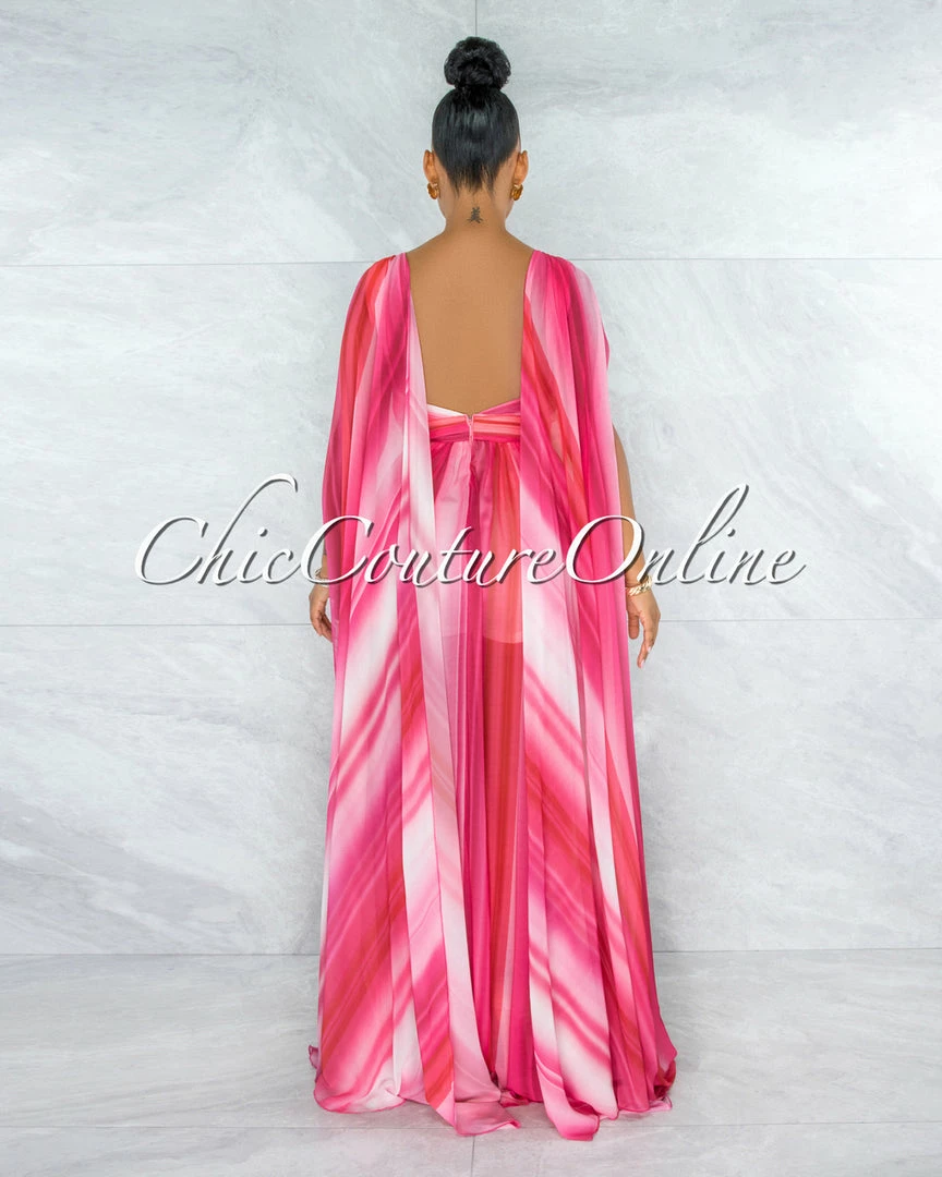 Vendor-unknown JUST IN Wandella Fuchsia Stripes Sequins Halter Maxi Dress