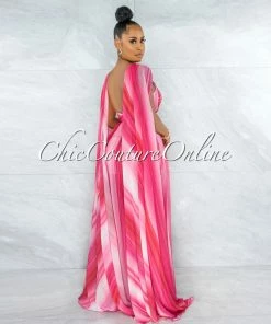 Vendor-unknown JUST IN Wandella Fuchsia Stripes Sequins Halter Maxi Dress