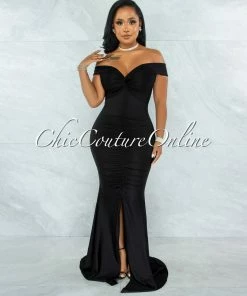 Chic Couture Online Glenna Black Front Knot Ruched Slit Maxi Dress