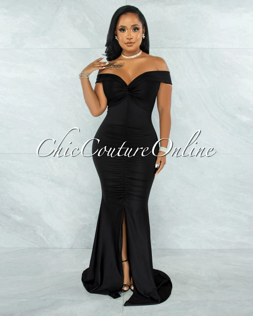 Chic Couture Online Glenna Black Front Knot Ruched Slit Maxi Dress