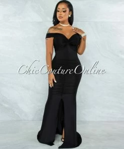 Chic Couture Online Glenna Black Front Knot Ruched Slit Maxi Dress