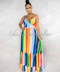 Vendor-unknown JUST IN Alegria Multi-Color Stripe Crochet Details Maxi Ruffle Dress