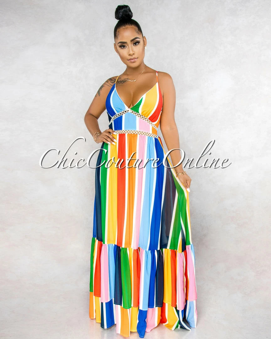 Vendor-unknown JUST IN Alegria Multi-Color Stripe Crochet Details Maxi Ruffle Dress