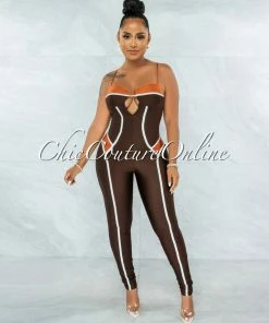 Vendor-unknown Tareva Brown Rust White Trim Details Jumpsuit