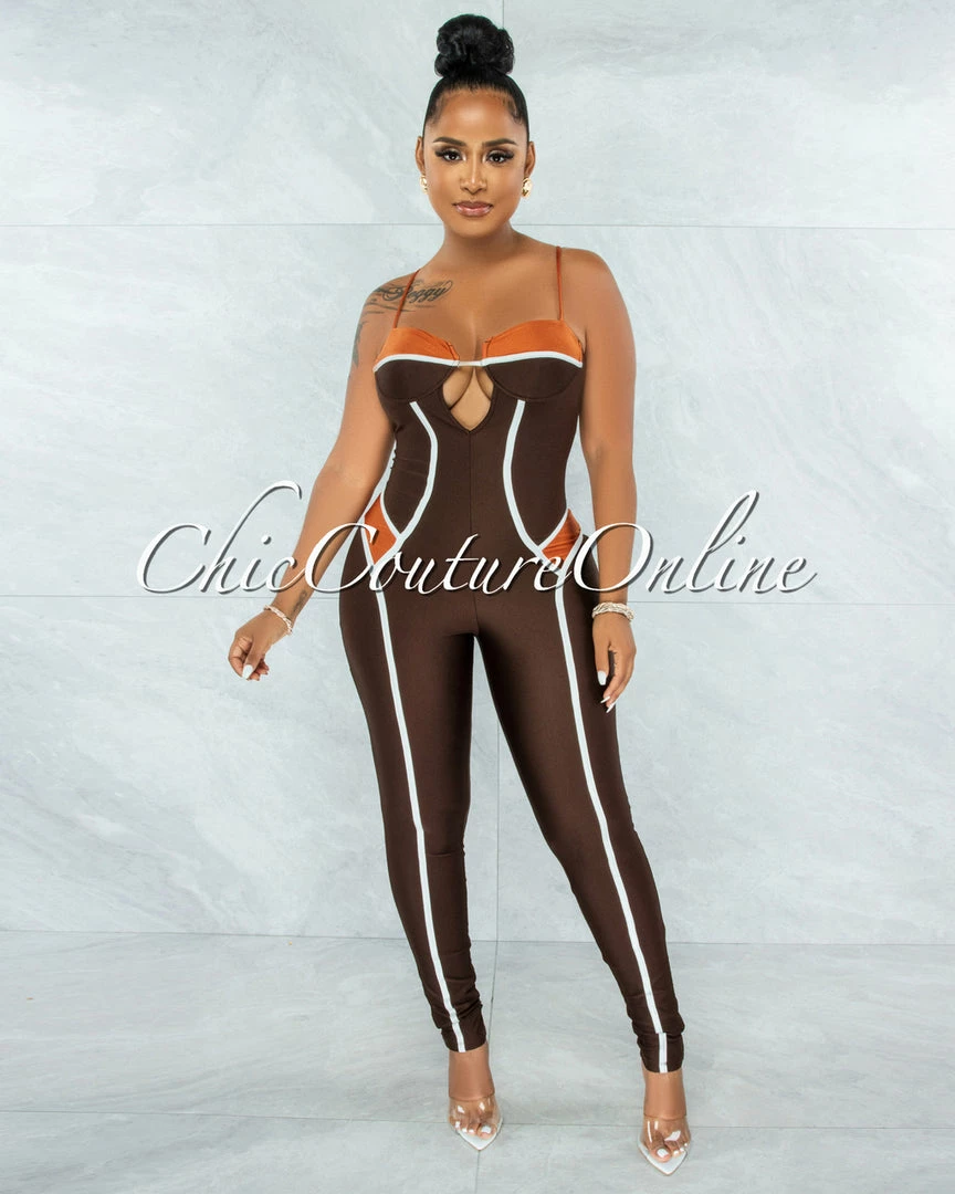 Vendor-unknown Tareva Brown Rust White Trim Details Jumpsuit