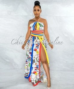 Vendor-unknown Early White Marine Print Back Lace-Up Top & Maxi Skirt Set JUST IN