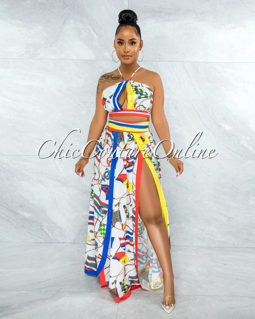 Vendor-unknown Early White Marine Print Back Lace-Up Top & Maxi Skirt Set JUST IN