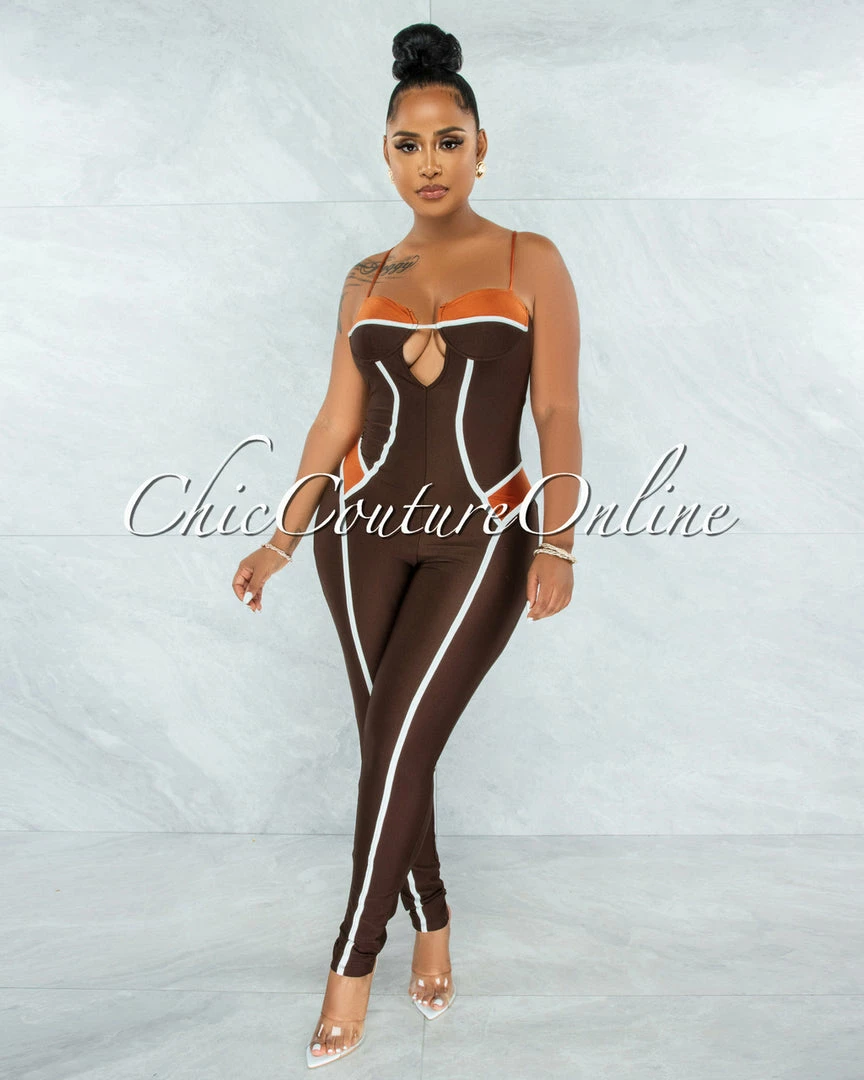 Vendor-unknown Tareva Brown Rust White Trim Details Jumpsuit