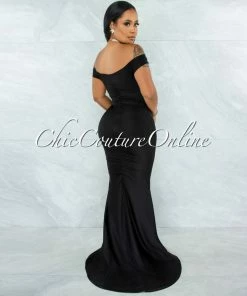 Chic Couture Online Glenna Black Front Knot Ruched Slit Maxi Dress
