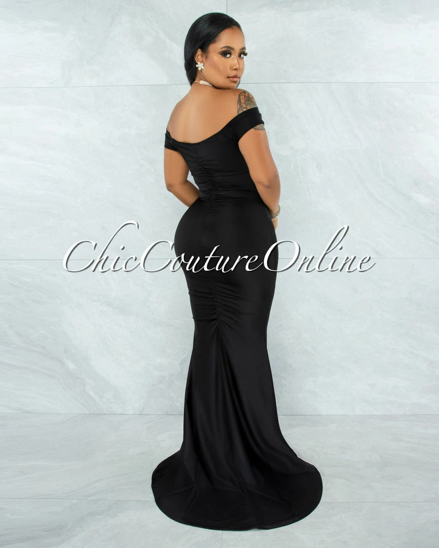 Chic Couture Online Glenna Black Front Knot Ruched Slit Maxi Dress