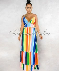 Vendor-unknown JUST IN Alegria Multi-Color Stripe Crochet Details Maxi Ruffle Dress