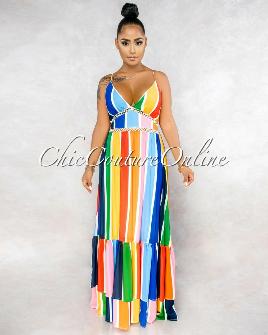 Vendor-unknown JUST IN Alegria Multi-Color Stripe Crochet Details Maxi Ruffle Dress