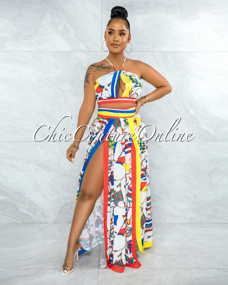 Vendor-unknown Early White Marine Print Back Lace-Up Top & Maxi Skirt Set JUST IN