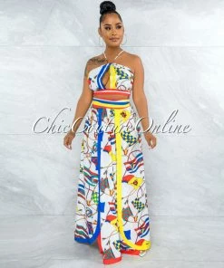 Vendor-unknown Early White Marine Print Back Lace-Up Top & Maxi Skirt Set JUST IN