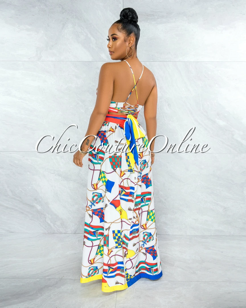 Vendor-unknown Early White Marine Print Back Lace-Up Top & Maxi Skirt Set JUST IN