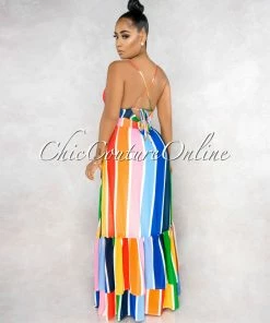 Vendor-unknown JUST IN Alegria Multi-Color Stripe Crochet Details Maxi Ruffle Dress