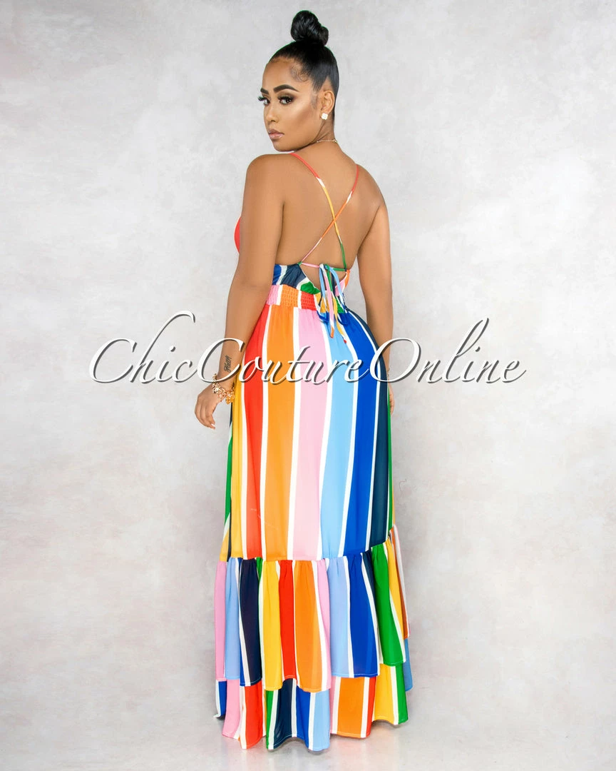 Vendor-unknown JUST IN Alegria Multi-Color Stripe Crochet Details Maxi Ruffle Dress