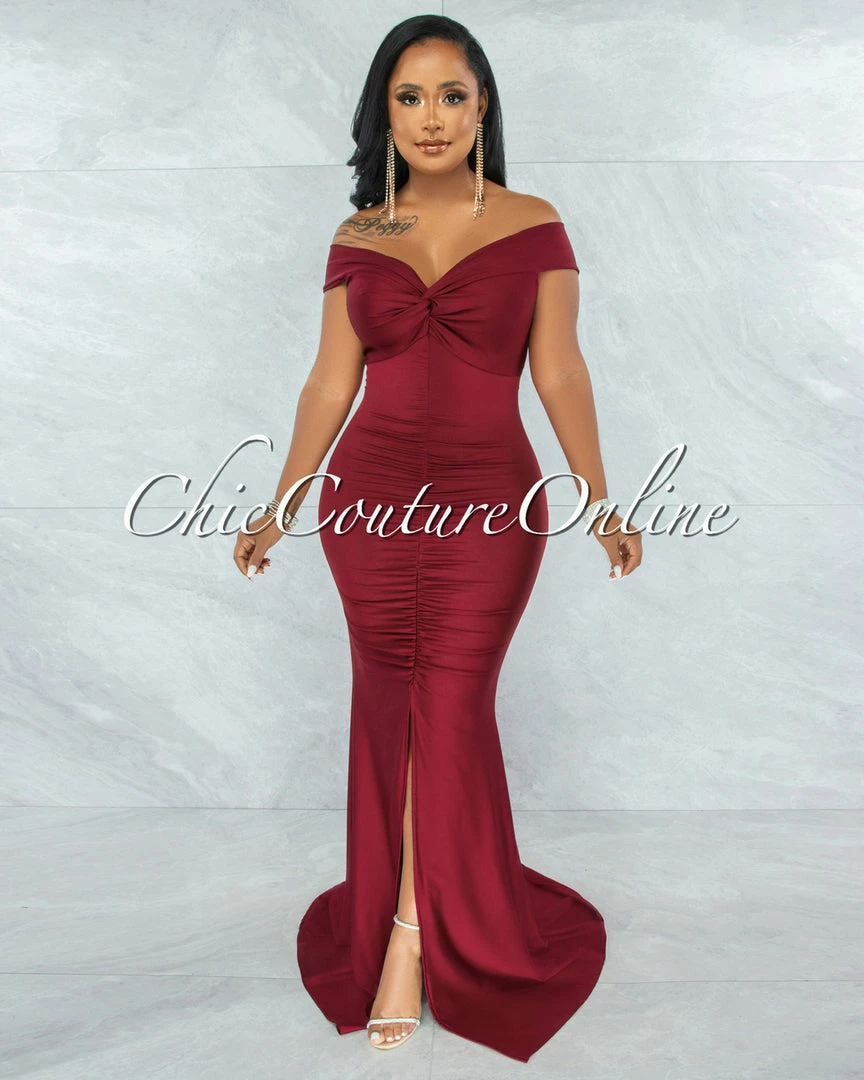 Chic Couture Online Glenna Burgundy Front Knot Ruched Slit Maxi Dress JUST IN
