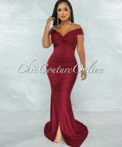 Chic Couture Online Glenna Burgundy Front Knot Ruched Slit Maxi Dress JUST IN