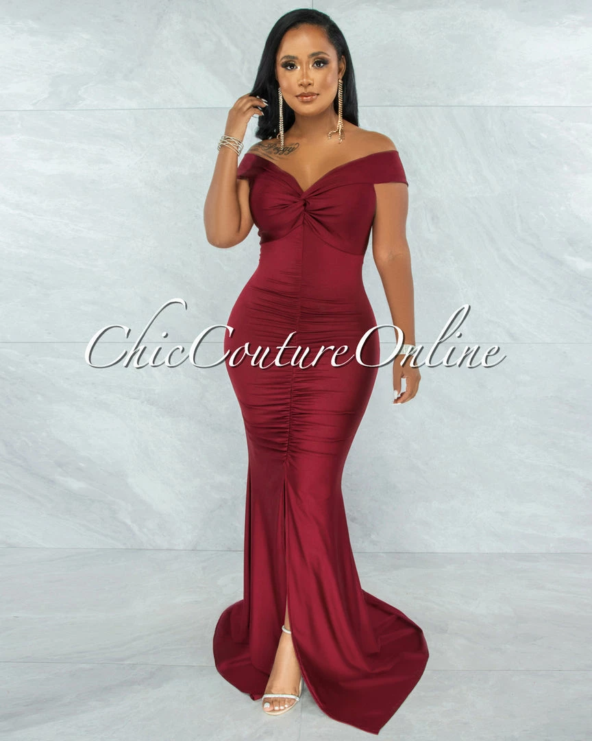 Chic Couture Online Glenna Burgundy Front Knot Ruched Slit Maxi Dress JUST IN
