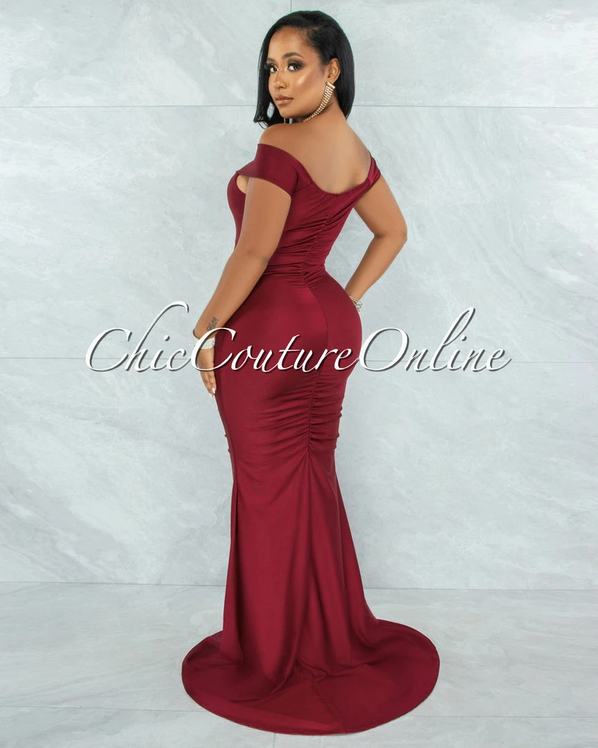 Chic Couture Online Glenna Burgundy Front Knot Ruched Slit Maxi Dress JUST IN