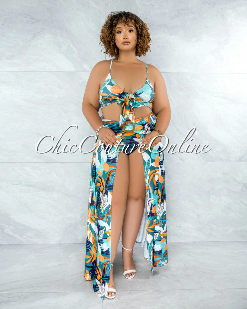 Vendor-unknown Rohini Jade Leaf Print Wood Buckle Bodysuit Maxi Skirt Set JUST IN