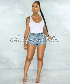 Vendor-unknown Menaka Light Denim Distressed Mini Shorts JUST IN