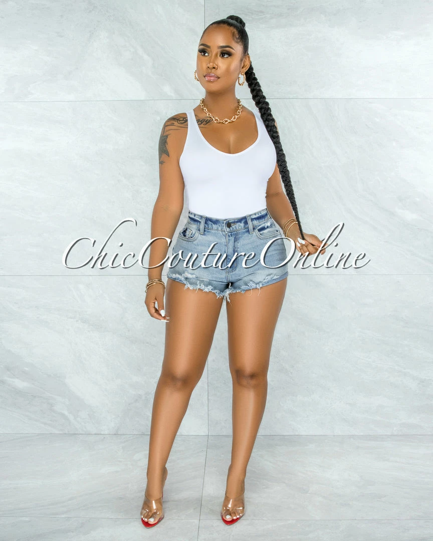 Vendor-unknown Menaka Light Denim Distressed Mini Shorts JUST IN