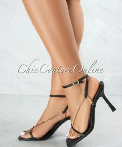 Vendor-unknown Dreamy Black Straps Gold Link Ankle Buckle Heel Sandals
