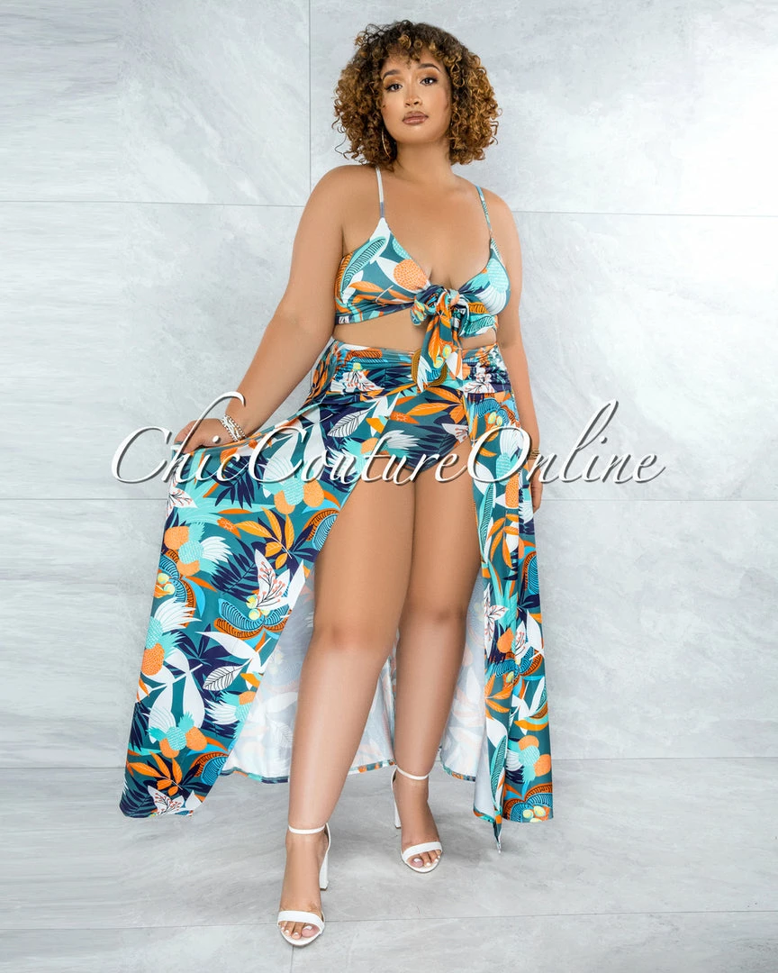 Vendor-unknown Rohini Jade Leaf Print Wood Buckle Bodysuit Maxi Skirt Set JUST IN