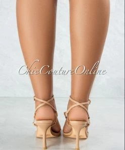 Vendor-unknown Dreamy Nude Straps Gold Link Ankle Buckle Heel Sandals