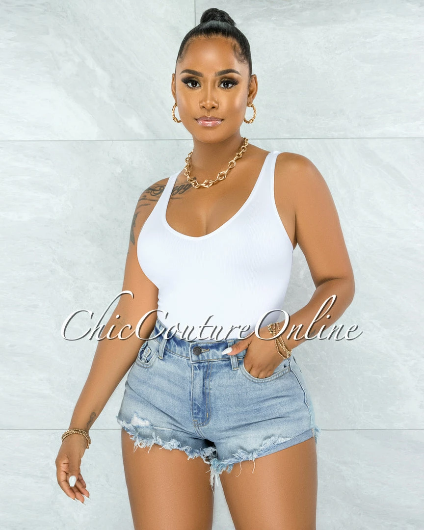 Vendor-unknown Menaka Light Denim Distressed Mini Shorts JUST IN